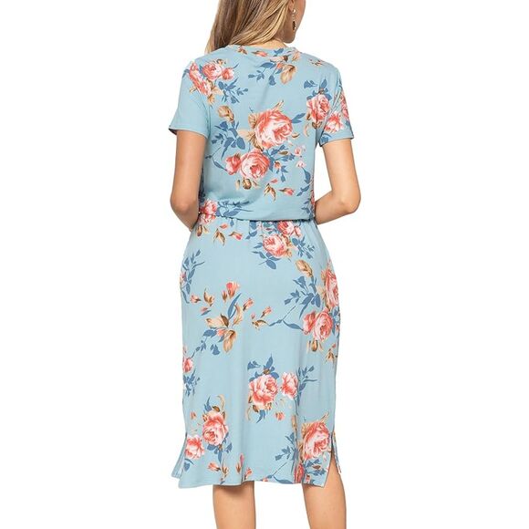 Simier Fariry Sky Blue Floral Casual Midi Blouson Dress with Pockets Sz L - Picture 3 of 7